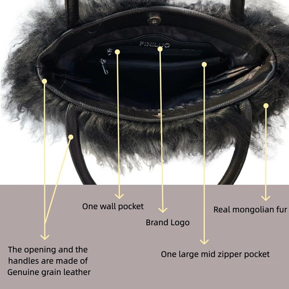 Women Luxury Real Lamb Mongolian Flush Wool Fur With Genuine Leather Handles Han - Picture 9 of 9